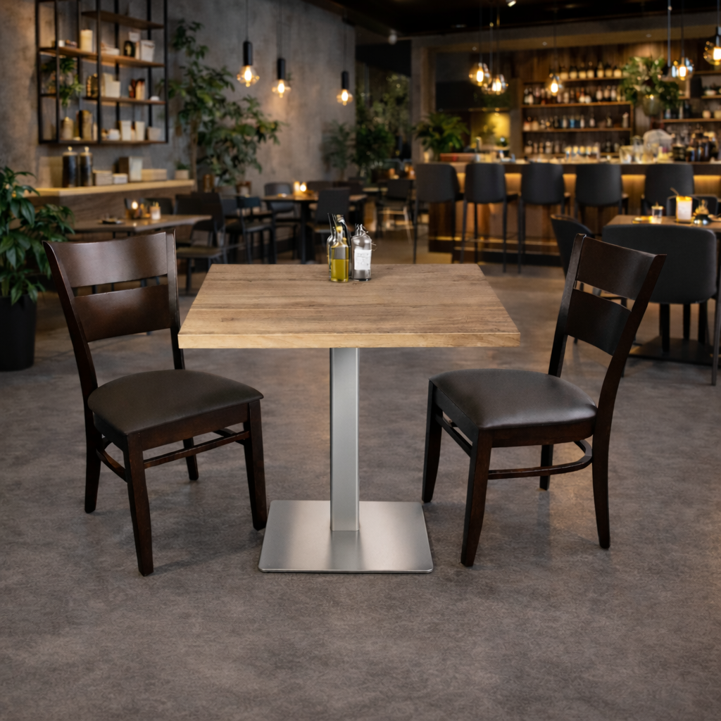 1+2 kişilik oturma grubu, 50x50 cm bistro masası, restoran sandalyeleri, kahverengi, gastronomi mobilyaları