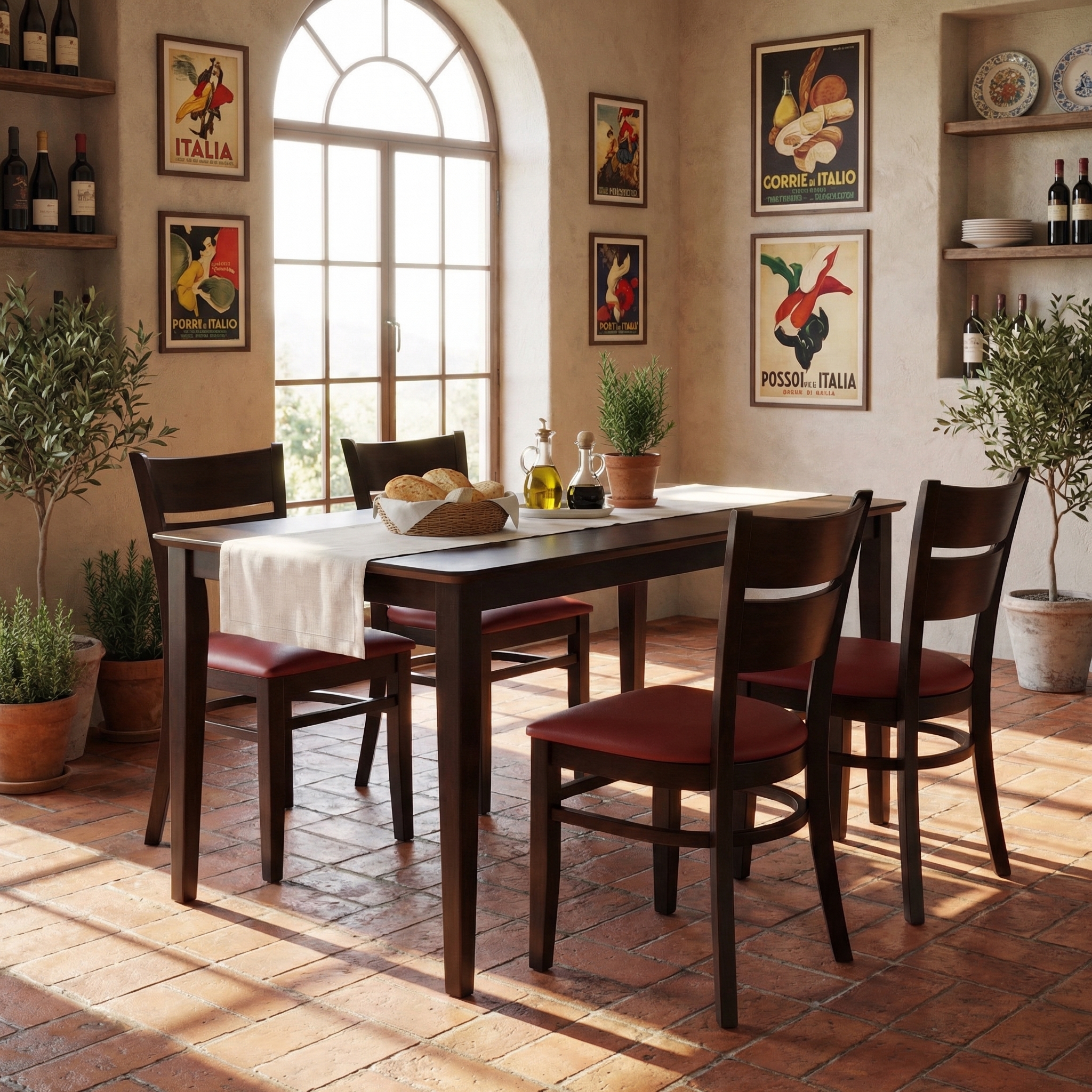 1+4 Takım Gerçek Ahşap 150x80 cm Grace Kırmızı Restoran Sandalyeleri Bistro Gastronomi Masaları