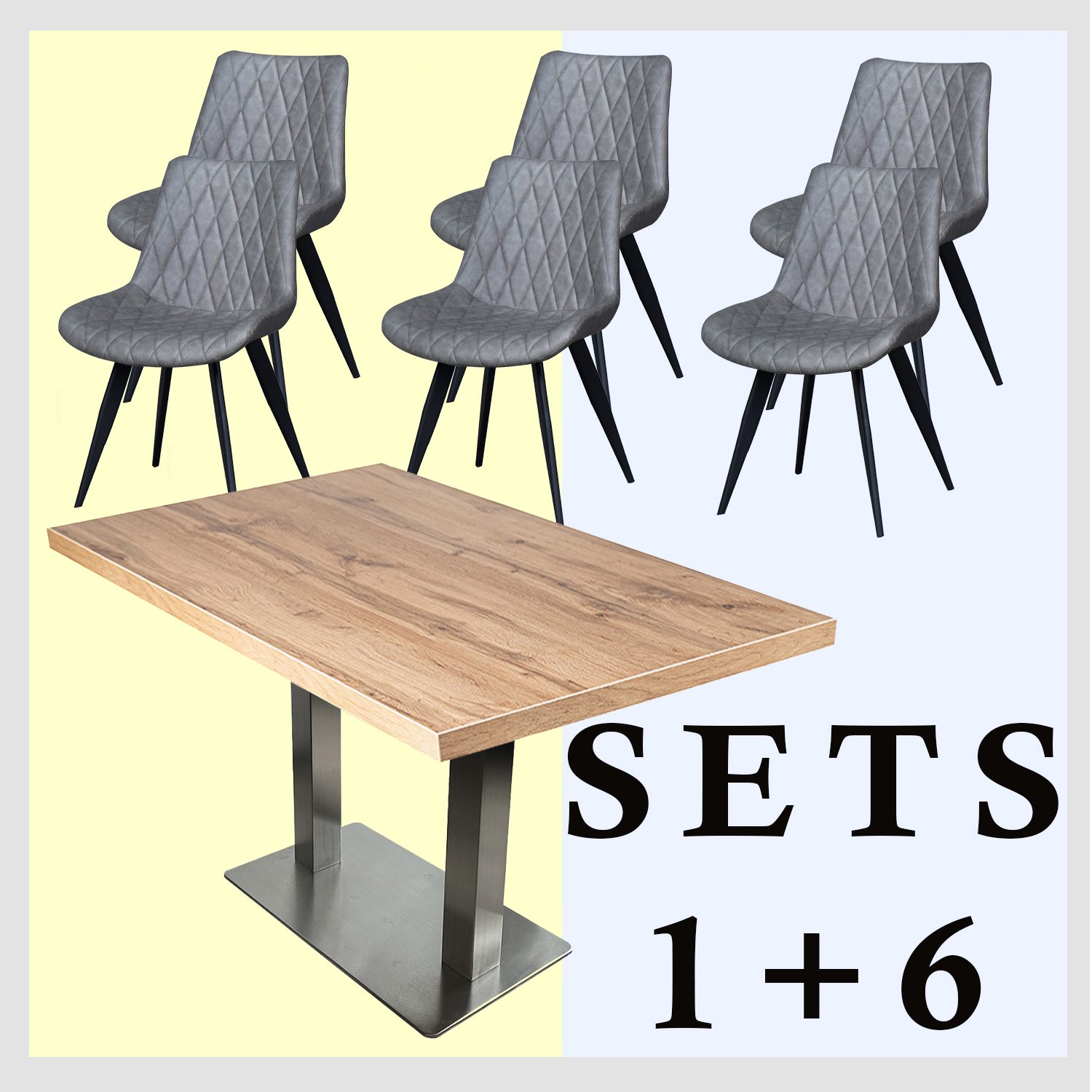 1+6 Garnitur 150x80cm Scarlet Grau Restaurant Stühle Tisch Andora Silber