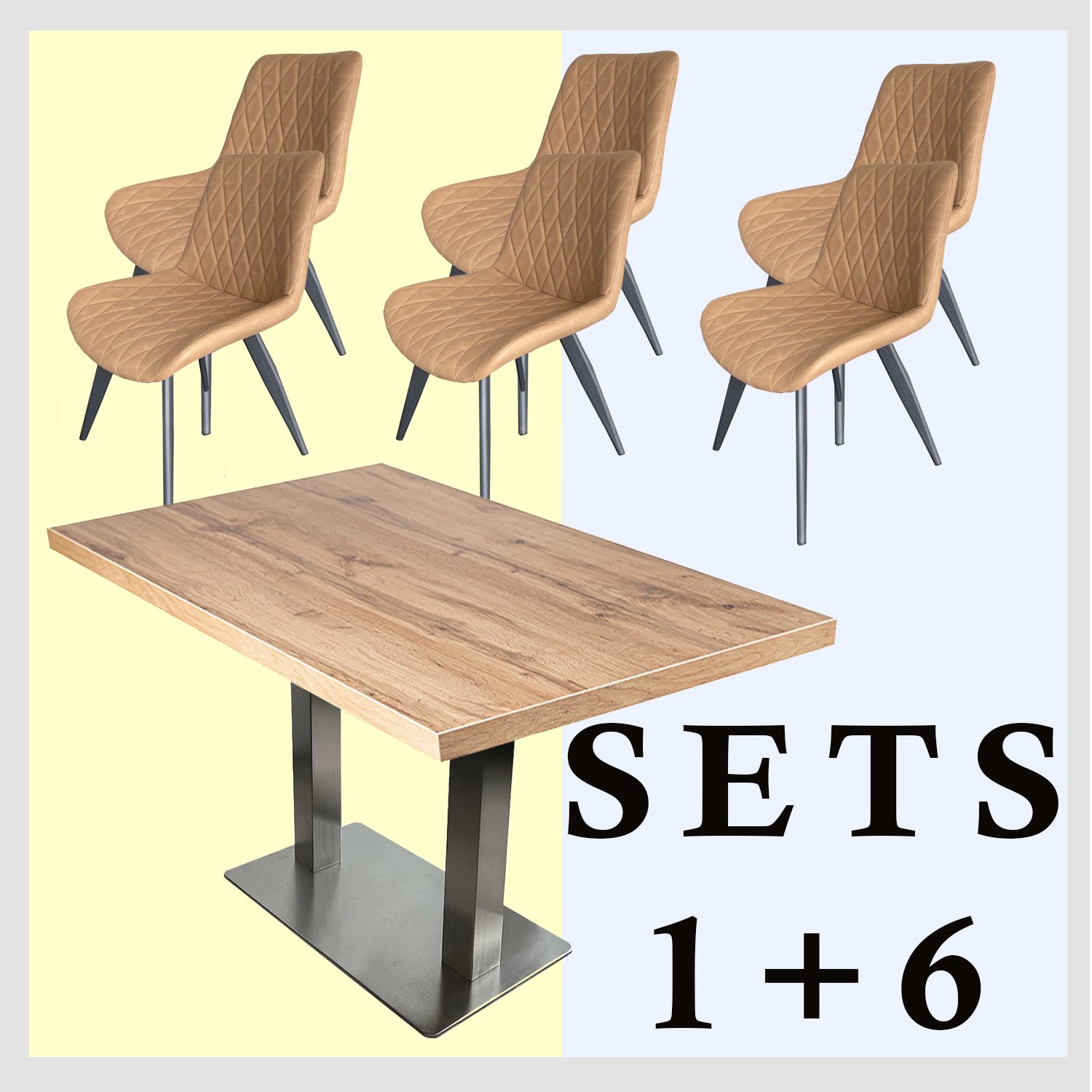 1+6 Garnitur 150x80cm Scarlet Hellbraun Restaurant Stühle Tisch Andora Silber