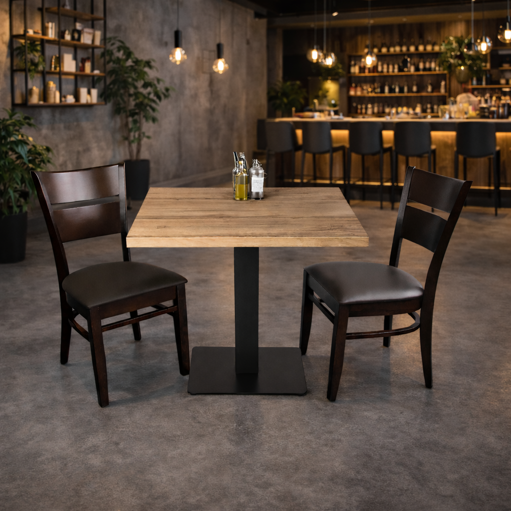 1+2 kişilik oturma grubu, 50x50 cm bistro masası, restoran sandalyeleri, kahverengi, gastronomi mobilyaları