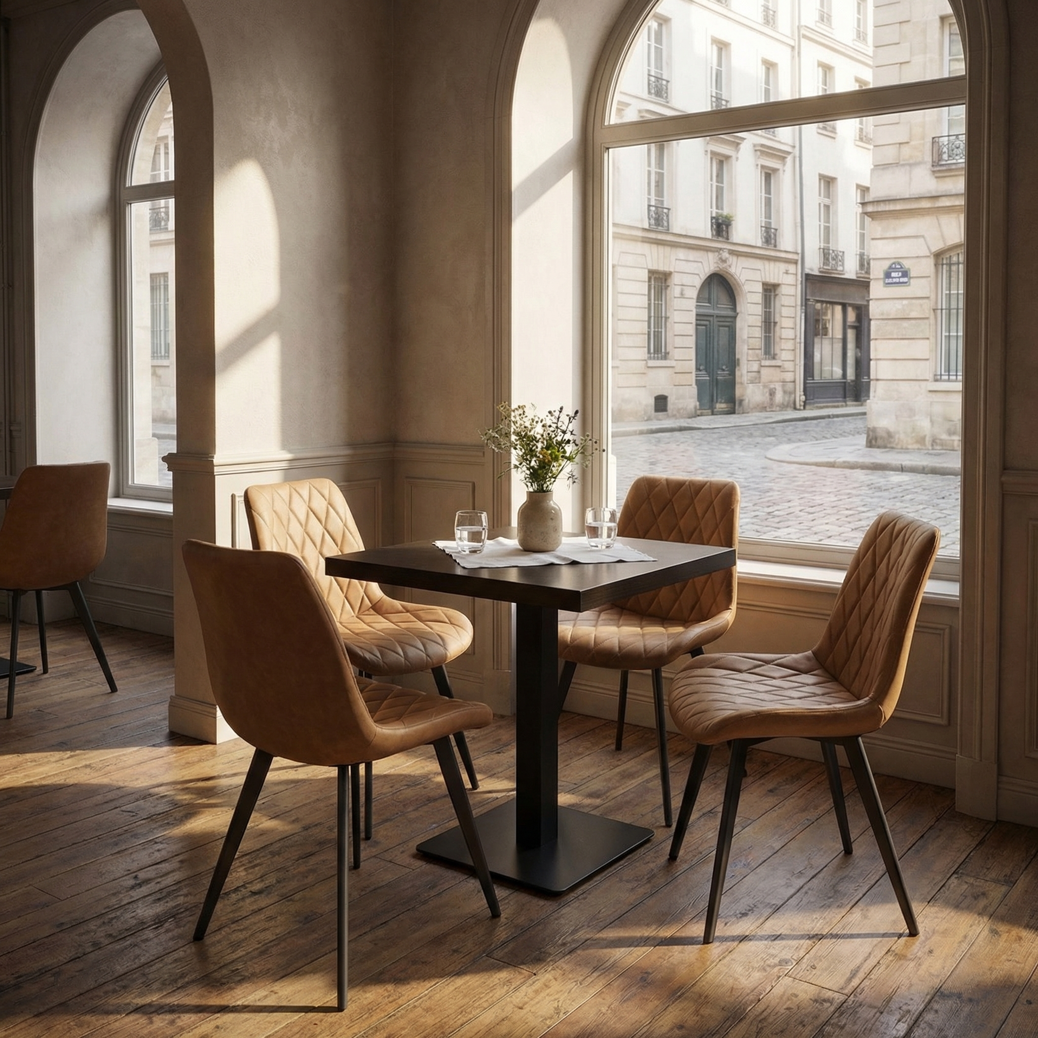 1+4 Garnitur 70x70cm Scarlet Hellbraun Restaurant Stühle Hotel Bistro Tische