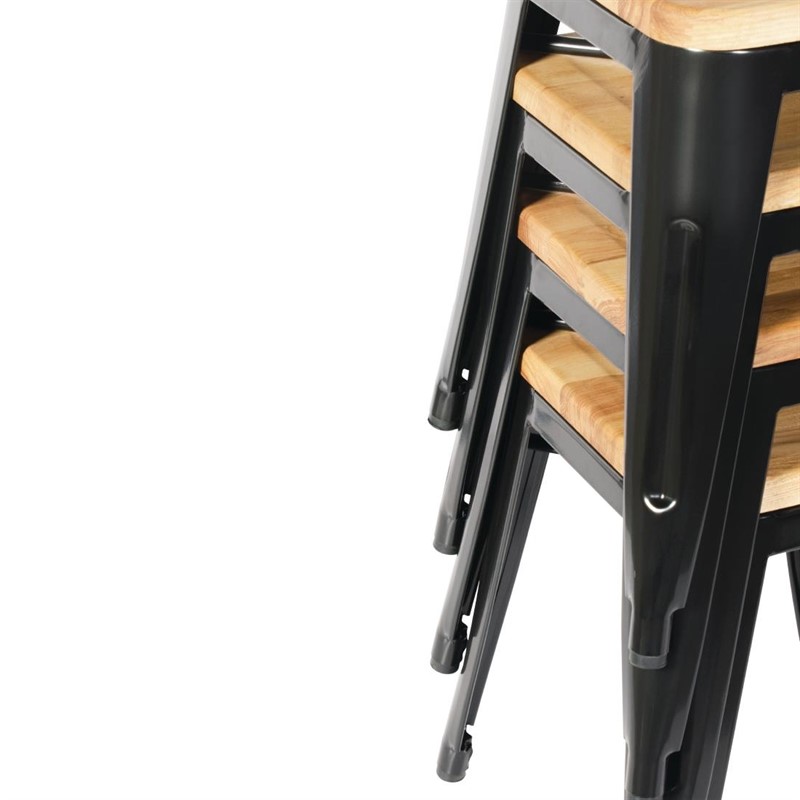 Restaurant Hocker Stella aus Stahl in Schwarz Silber Grau mit Holzsitz
